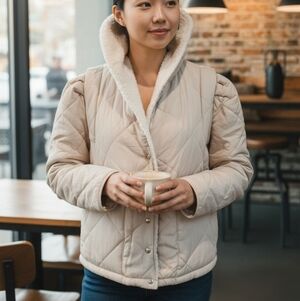 Blank NYC Anthro Beige Quilted Sherpa Puffer Snap Jacket Medium NEW